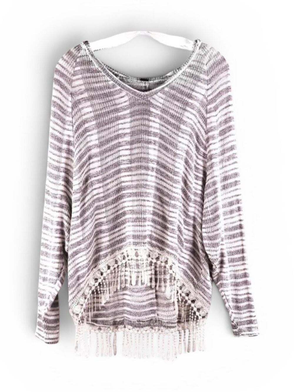 POOF Gray White Striped Lightweight Hooded Fringe Pullover Cover Up Small - Picture 2 of 9